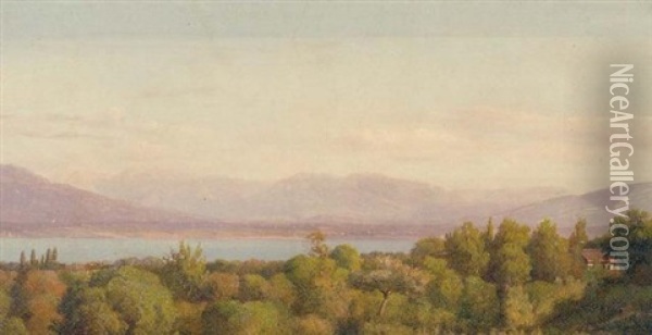 A View Of Lake Geneva With The Glaciers Of Mont Blanc Beyond Oil Painting - Jean Joseph Xavier Bidault