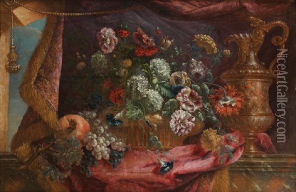 Nature Morte Aux Fleurs, Fruits Et Aiguiere Oil Painting - Pierre Nicolas Huilliot