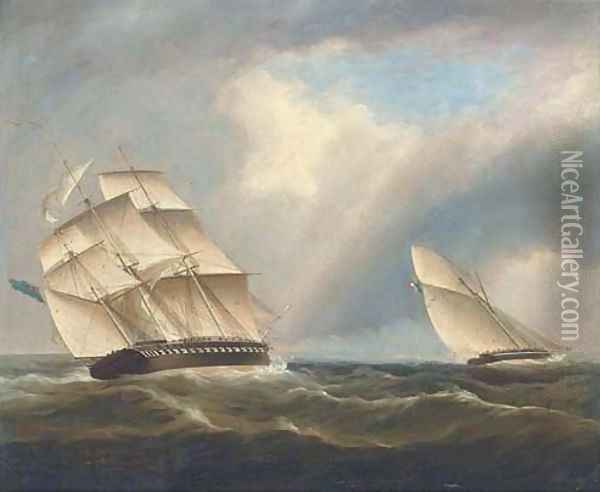 A frigate of the Royal Navy pursuing a French naval sloop Oil Painting - Thomas Buttersworth