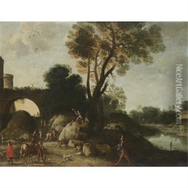 A Classical Landscape With Cavaliers In The Foreground, A Woodcutter Felling A Tree Beyond Oil Painting - Filippo Napoletano