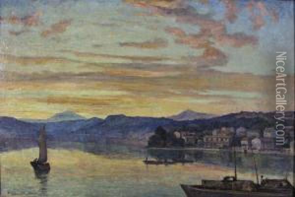 Mediterranean Harbourscene At Sunset Oil Painting - Herbert Hughes Stanton