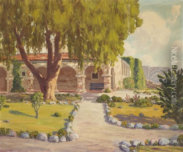 San Juan Capistrano Mission Gardens Oil Painting - Charles L.A. Smith