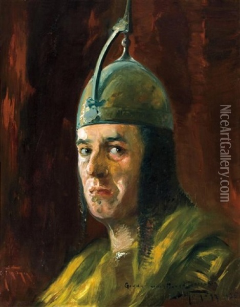 Self Portrait With Iron Helmet Oil Painting - Adolf Behrmann