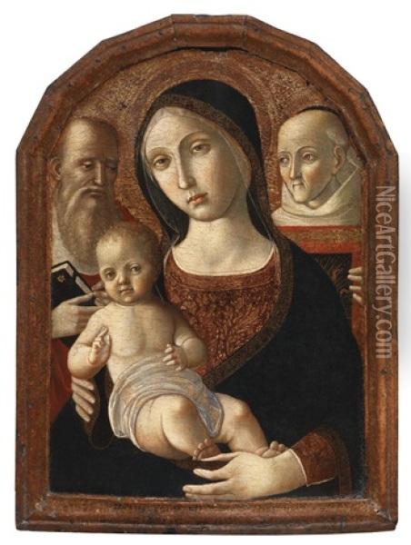 Madonna And Child With Saints Jerome And Bernardino Of Siena Oil Painting - Pietro di Francesco degli Orioli