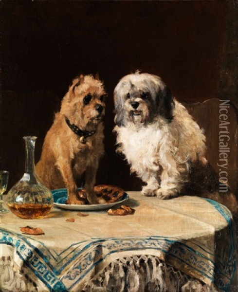 Zwei Sich Auf Dem Esstisch Vergnugende Hunde Oil Painting - Charles van den Eycken I