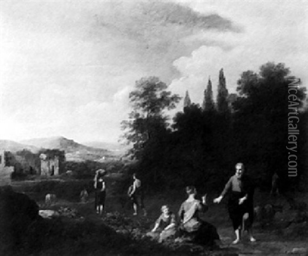 Figures And Animals In A Landscape Oil Painting - Cornelis Van Poelenburgh