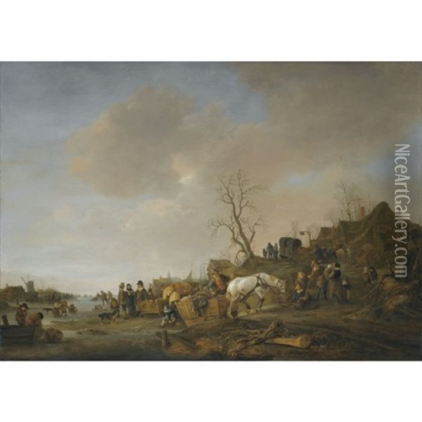 A Frozen River Landscape With A Waggoner Halted At An Inn And A Horse Pulling A Laden Sleigh Off The Ice In The Foreground Oil Painting - Isaac Van Ostade