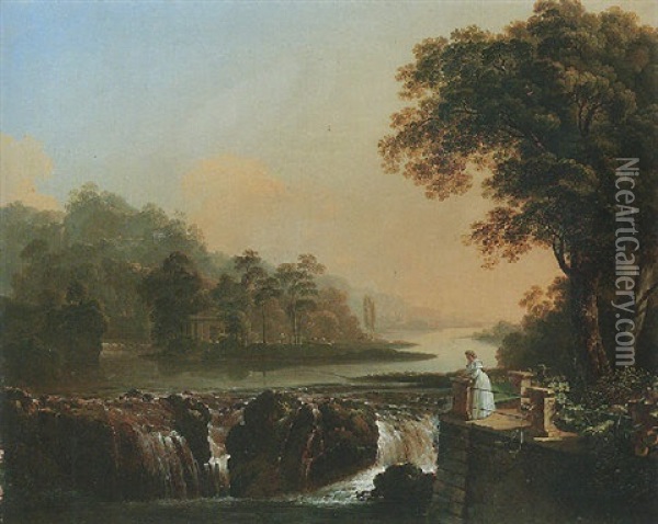 A River Landscape With A Young Girl Standing On A Terrace Overlooking A Waterfall Oil Painting - Johann Jakob Biedermann