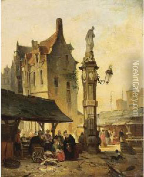 A Busy Market Oil Painting - Jan Michael Ruyten