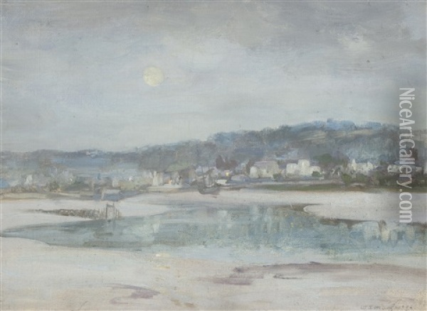 Kirkcudbright Harbour, Moonlight Oil Painting - William Stewart MacGeorge