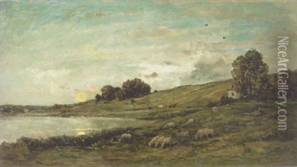 Troupeau De Moutons Au Bord De La Riviere Oil Painting - Charles Francois Daubigny