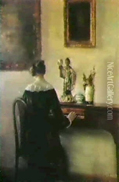 Interior Med Ung Pige Ved Spinettet Oil Painting - Carl Vilhelm Holsoe
