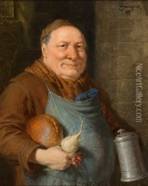 Portrait Eines Monches Mit Bierkrug, Rettich Und Brotlaib Oil Painting - Eduard von Gruetzner