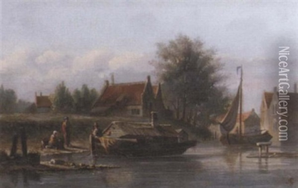 A Houseboat Moored By A Dutch Town Oil Painting - Adrianus Eversen