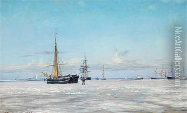 Skibe Pa Det Tilfrosne Oresund En Klar Vinterdag Oil Painting - Vilhelm Karl Ferdinand Arnesen