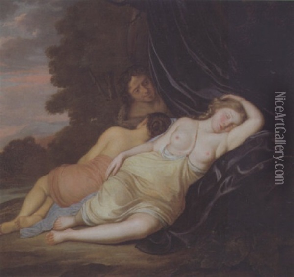 Zwei Nymphen Von Einem Satyr Belauscht Oil Painting - Johan Danckerts