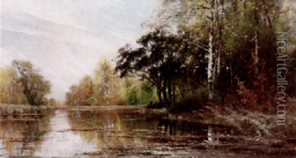 Insjolandskap Oil Painting - Arvid Mauritz Lindstroem