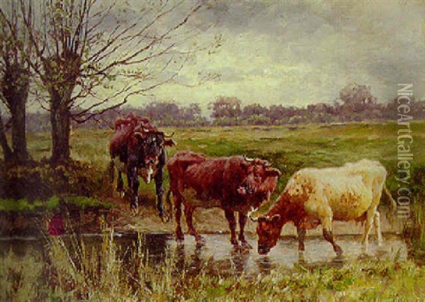 Cattle Watering In A Meadow Oil Painting - William Baptiste Baird