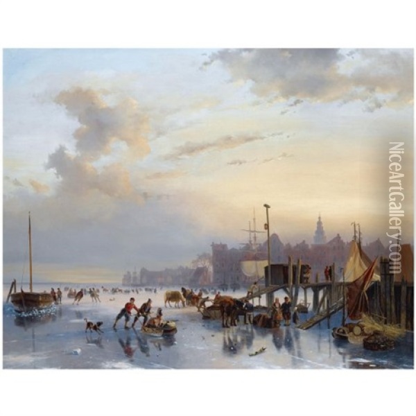 Skaters On The Ij, Amsterdam Oil Painting - Nicolaas Johannes Roosenboom