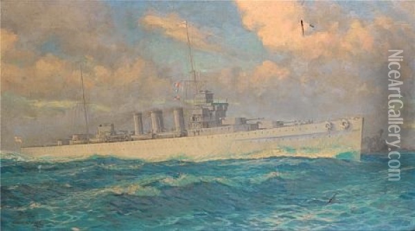 The Cruiser H.m.s. Cumberland At Sea In A Heavy Swell Oil Painting - William McDowell