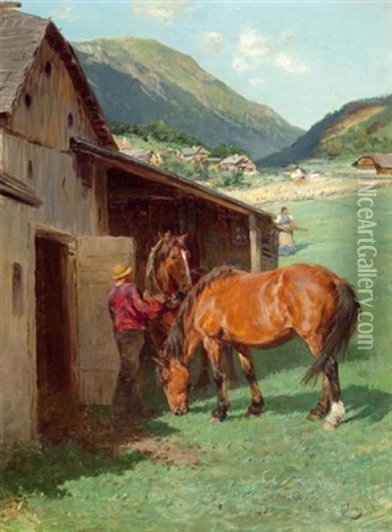 Beim Pferdestall Oil Painting - Julius von Blaas