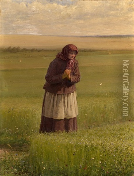 Old Woman In The Field (version Of By The Allotment) Oil Painting - Vasily Maksimov