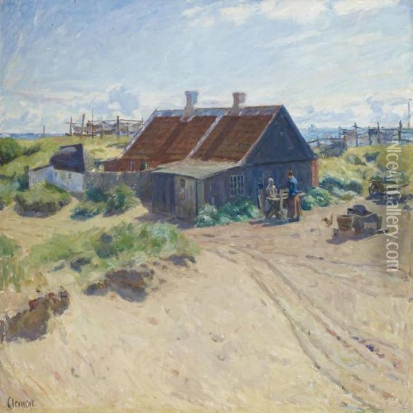 Scenery From Skagen Withwomen By Cottage Oil Painting - Gad Frederik Clement