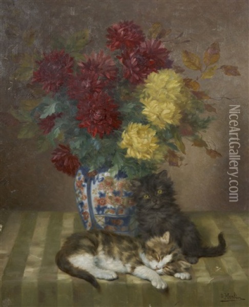 Bouquet De Fleurs Et Chats Oil Painting - Daniel Merlin