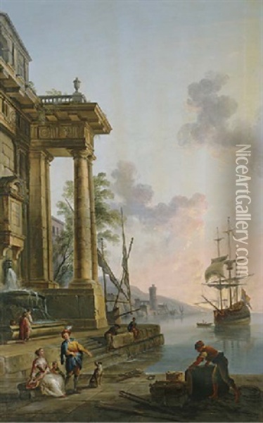 A Mediterranean Port At Sunset With Figures On A Quay Oil Painting - Jean Baptiste Lallemand