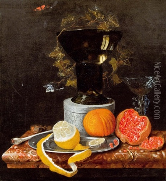 Stillleben Mit Granatapfel, Orange, Geschalter Zitrone Oil Painting - Jakobus Rootius