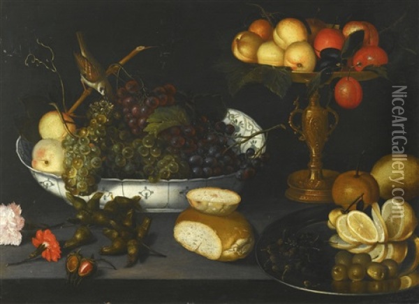 Still Life With Grapes In A Porcelain Bowl, Fruit In A Gilt Tazza And Other Objects Oil Painting - Francesco Codino