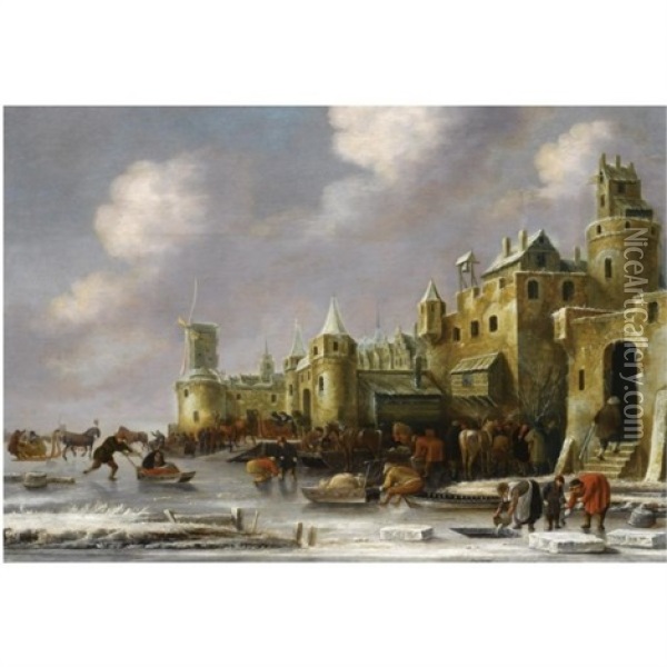 A Winter Landscape With Figures In Horse-drawn Sleighs And Villagers Skating On A Frozen River Outside City Walls Oil Painting - Thomas Heeremans