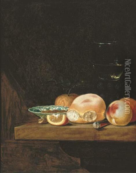 A Bread Roll, Peaches, An Orange, A Lemon Segment, A Porcelain Dishwith Nuts, A Knife And A Roemer On A Ledge Oil Painting - Pieter Janssens Elinga