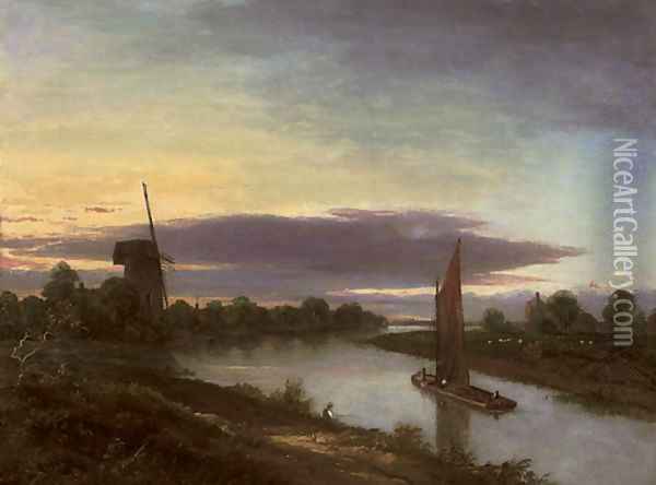 Boats on a river, a windmill beyond Oil Painting - Robert Ladbrooke