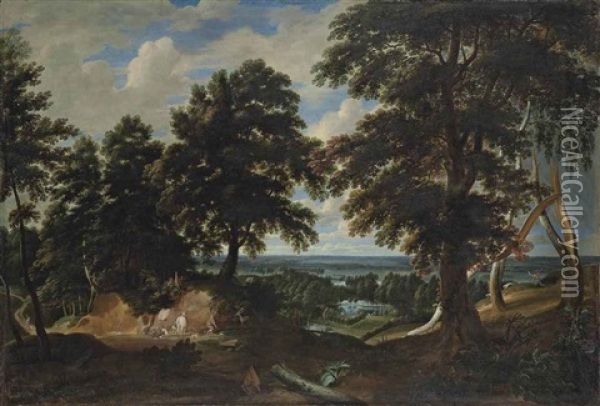 An Extensive Wooded Landscape, With The Conversion On Saint Hubert In The Foreground Oil Painting - Jacques d' Arthois