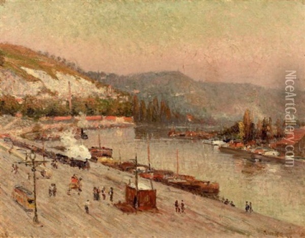La Seine A Rouen Oil Painting - Narcisse Guilbert