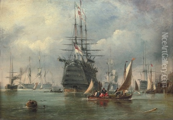 A Large First Rate And Other Warships Lying In The Harbor At Portsmouth Oil Painting - Sir George Chambers