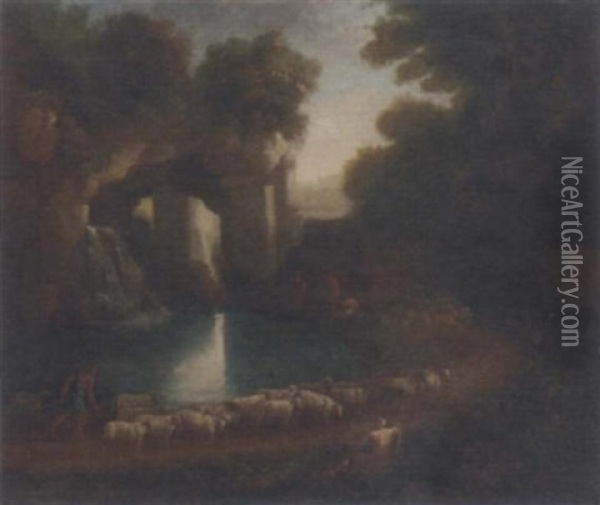 A Wooded Clearing With A Shepherd And His Flock And Anglers By A Waterfall Beneath Classical Ruins Oil Painting - Claude Lorrain