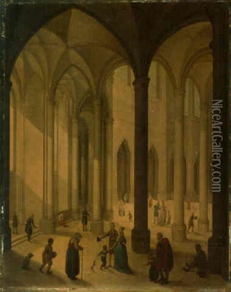 The Interior Of A Cathedral With Figures Conversing Oil Painting - Johann Jakob Hoch
