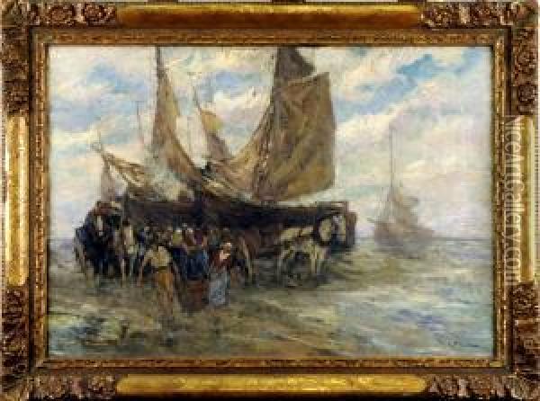 L'arrivee Des Pecheurs Oil Painting - Gustave Flasschoen