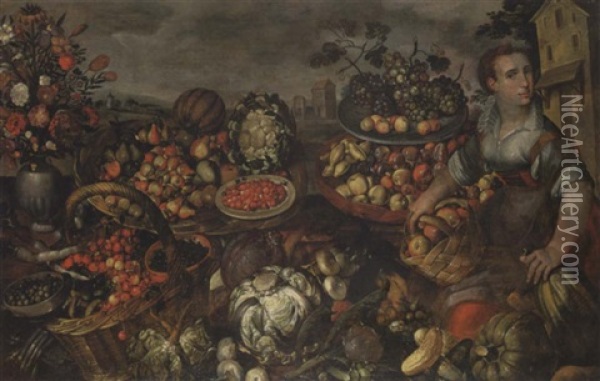 A Woman Selling Apples, Plums, Pears, Other Fruits, Mushrooms, Cabbages, Other Vegetables, Vase Of Flowers, A Landcsape Beyond Oil Painting - Vincenzo Campi