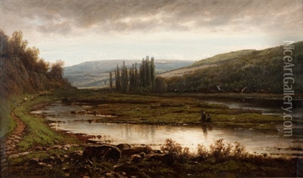 Au Bord De La Meuse (route De Civiet) Oil Painting - Gerard Joseph Adrian van Luppen