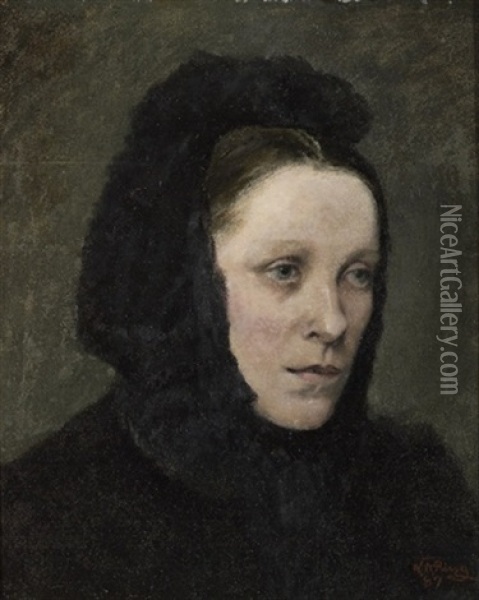 Portraet Af Ung Kvinde Med Sort Torklaede Oil Painting - Laurits Andersen Ring