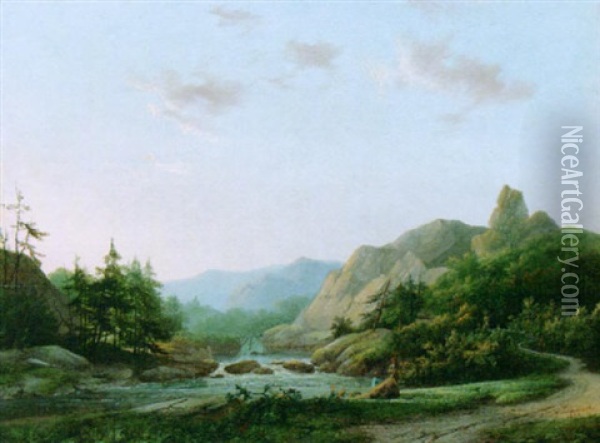 A Mountainous Landscape With Figures By A Stream Oil Painting - Marinus Adrianus Koekkoek