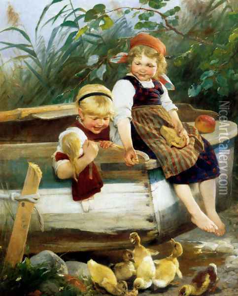 Feeding The Ducklings Oil Painting - Karl Raupp