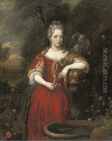 Portrait Of A Lady In A Red Dress And Gold Coloured Chemise And Wrap, Holding Flowers In Her Right Hand, Standing By A Fountain In A Garden Oil Painting - Caspar Netscher