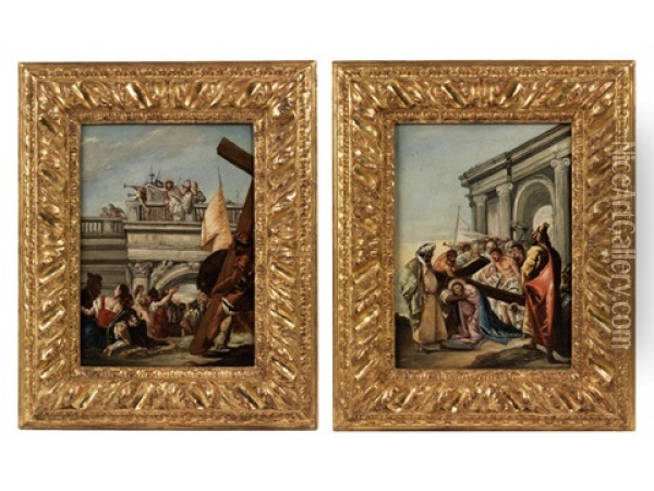 Der Gefangen Genommene Jesus Wird Dem Volk Vorgefuhrt (+ Jesus Wird Das Kreuz Aufgelegt (pair) Oil Painting - Francesco Zugno the Younger