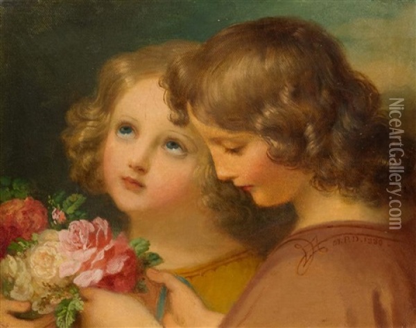 Zwei Kinder Mit Rosen Oil Painting - Melchior Paul Von Deschwanden