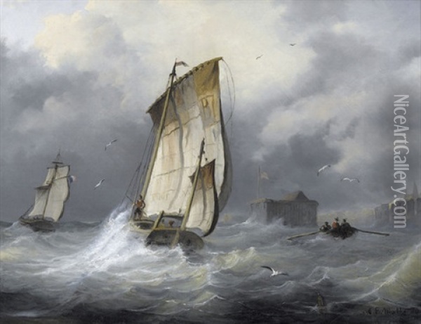 Marinestuck Mit Booten In Seenot Oil Painting - Alphonse Lamotte