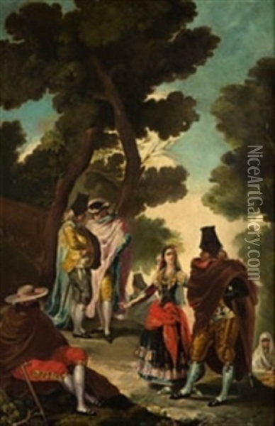 La Maja Y Los Embozados (after Francisco De Goya) Oil Painting - Eugenio Lucas Villamil